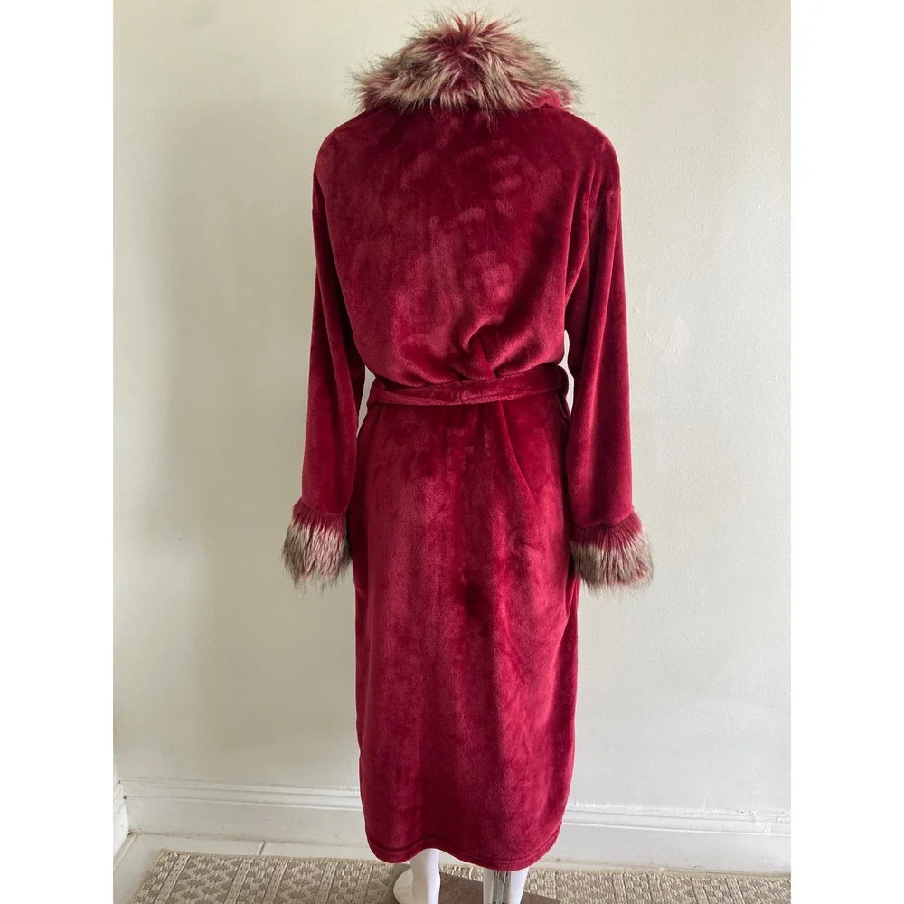Adrienne Landau Womens Red Faux Fur Trim Plush Fleece‎ Long Robe M/L Loungewear